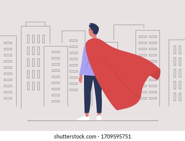 Superhero conceptual illustration, Young  male character wearing a red cape