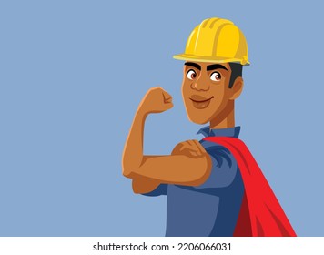 
Trabajador de construcción de superhéroes ilustrando su película de Biceps Vector. Un contratista fuerte y poderoso que se siente exitoso y confiado 
