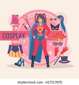 Superhero cosplay character pack for girl with clothing and magic accessory vector illustration