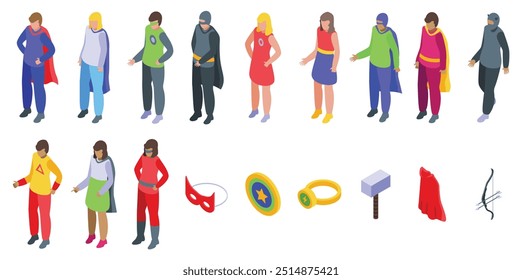 Conjunto de ícones de disfarce de fantasia de super-herói. Pessoas super-heróis usando ternos coloridos e máscaras de pé em diferentes poses com objetos definidos isométricos 3d