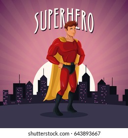 superhero costume comic standing with sunset city background