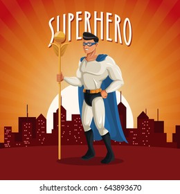 superhero costume comic standing with sunset city background