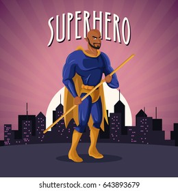 Superhero Costume Comic Standing With Sunset City Background