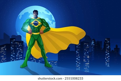 Superhero in a costume inspired by Brazilian insignia standing on the edge of a building with night cityscape and full moon as the background