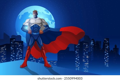 Super-herói em um traje inspirado por insígnias russas de pé na borda de um edifício com a paisagem da cidade noite e lua cheia como o fundo