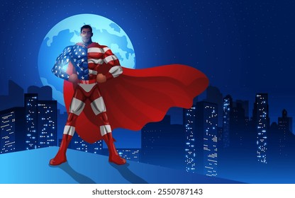 Superhéroe con un traje inspirado en la insignia de Estados Unidos de pie en el borde de un edificio con el paisaje urbano nocturno y la luna llena como fondo