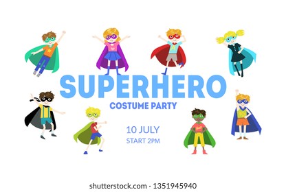 Superhero Costume Party Banner, Cute Boys and Girls in Superhero Costumes and Masks, Birthday Invitation, Landing Page Template Vector Illustration