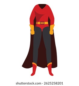 Superhero costume with red cape and yellow gloves standing still