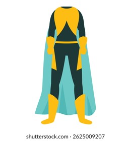 Superhero costume standing with its arms at its sides and wearing a cape and boots
