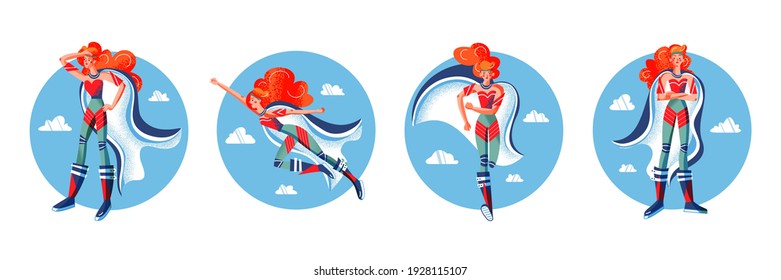 Superhero in costumes set. Cartoon comic heroes with capes vector illustration. Woman with powers posing on blue sky background. Brave superwoman standing and flying.