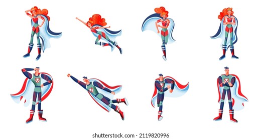 Superhero in costumes set. Cartoon comic heros with capes vector illustration. Man and woman with powers posing isolated on white background. Brave superboy and superwoman standing and flying.