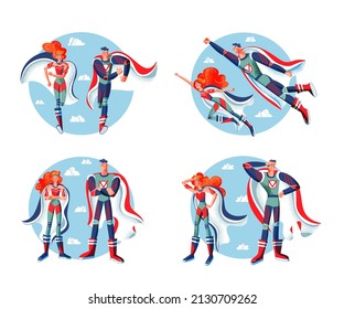 Superhero in costumes set. Cartoon comic heros with capes vector illustration. Man and woman with powers posing on blue sky background. Brave superguy and superwoman standing and flying.