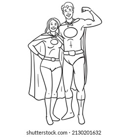 pareja de superhéroes con capa. Monocromo del vector de contorno de historietas.