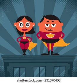 Superhero Couple Cartoon: Cartoon male and female superheroes. No transparency and gradients used. 