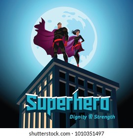 Pareja superheroína. Superhéroes hombres y mujeres. Cielo nublado. Ilustración del vector