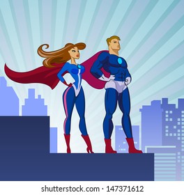 Superhero Couple: Male And Female Superheroes. Vector Illustration Isolated On A White Background