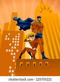 Superhero Couple: Male and female superheroes on a skyscraper roof with night city background