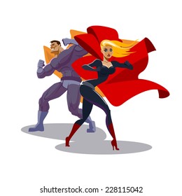 Superhero Couple: Male and female superheroes. Look around. Stand in readiness