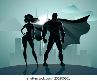 Superhero Couple: Male and female superheroes, posing in front of a light. City background.