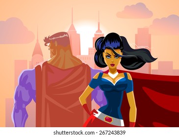 Superhero Couple: Male and female superheroes. Back to a back. Protection