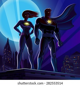 Superhero Couple. Male And Female Superheroes. Vector Illustration