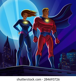 Superhero Couple. Male And Female Superheroes. Vector Illustration