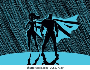 Superhero Couple: Male and female superheroes, posing in front of a light. Rain background.