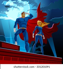 Superhero Couple. Male and female superheroes. Cloudy sky. Vector illustration