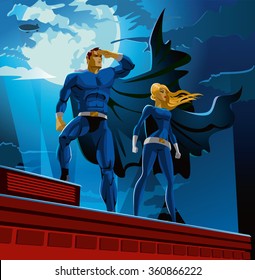 Superhero Couple. Male and female superheroes. Cloudy sky. Vector illustration