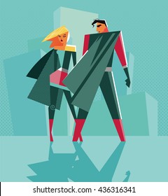 Superhero Couple: Male and female superheroes standing in backlight. Vector illustration