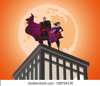 Superhero Couple. Male and female superheroes. Cloudy sky. Vector illustration