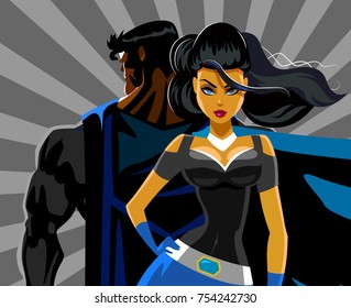 Superhero Couple: Male and female superheroes on a skyscraper roof with night city background