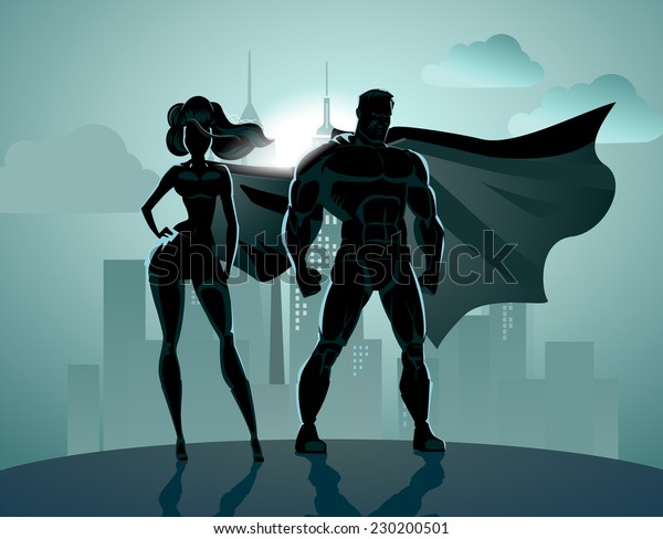 Superhero Couple: Male and female\
superheroes, posing in front of a light. City\
background.