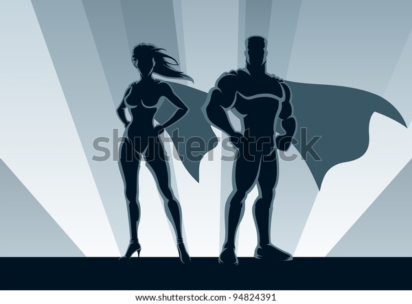 Superhero Couple: Male and\
female superheroes, posing in front of a light. No transparency\
used. Basic (linear) gradients used for the background. A4\
proportions.