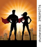 Superhero Couple Silhouette with City Skyline Background