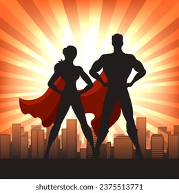 Superhero couple silhouettes. Super hero man and woman posing in rays of light city skyline background isolated vector illustration