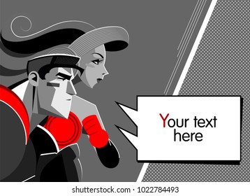 Superhero couple. Speech bubble. Pop-art comic background. Vector illustration