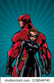 Superhero couple standing back to back on abstract background.