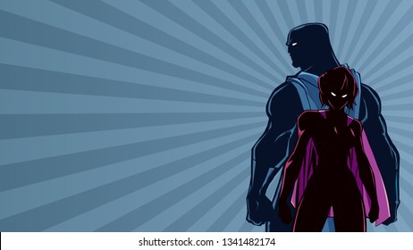 Superhero couple standing back to back on abstract background.