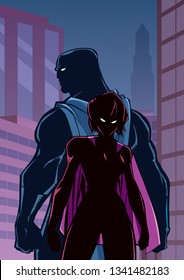 Superhero couple standing back to back on city background.