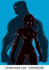 Superhero couple, standing back to back, ready for battle.