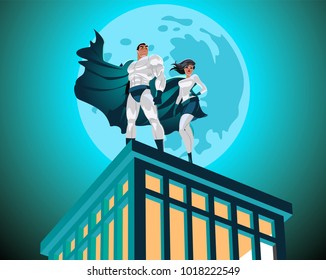 Superhero Couple. Superman And Superwoman. Male And Female Superheroes. Cloudy Sky. Vector Illustration