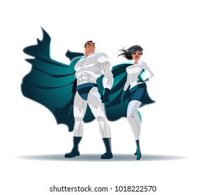 Superhero Couple. Superman and superwoman. Male and female superheroes. Cloudy sky. Vector illustration