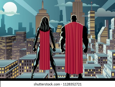 Superhero Couple Watching Over The City At Night.