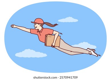 Superhero courier is flying in sky with parcel for customers and is in hurry to deliver mail order. Woman courier service employee in superhero pose for advertisement for fast parcel delivery company