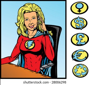 Superhero customer service.  With vector, chair and crest on chest can be removed and other symbols can be used.