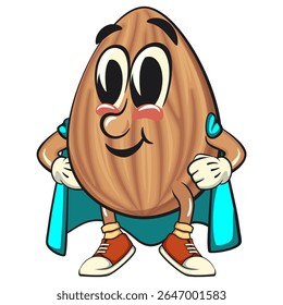 superhero cute almond mascot cartoon vector illustration, isolated nut character for healthy food branding, packaging, and snack advertisement, work of hand drawn