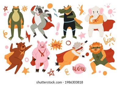 Superhero cute animals vector illustration set. Cartoon funny bear pig sheep frog crocodile elephant lion raccoon characters flying, wearing cloak, costume of super hero collection isolated on white