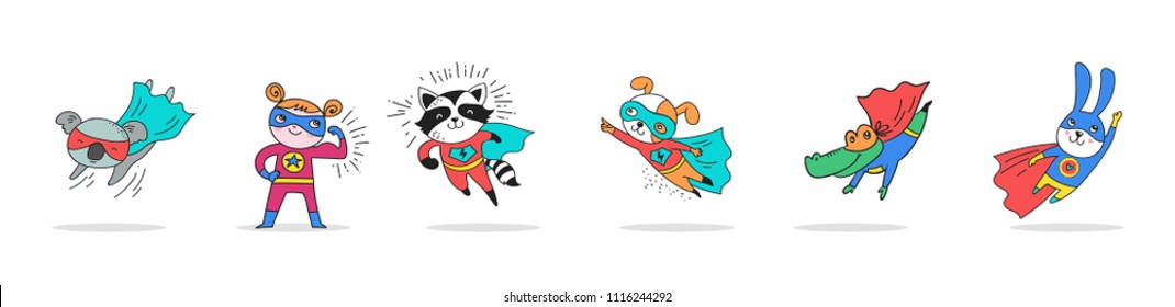 Superhero cute hand drawn animals, cat, dog, panda, bear and crocodile vector characters