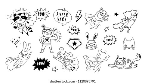 Superhero cute hand drawn animals, cat, dog, panda, bear and crocodile vector black and white characters